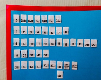 50-100 -Your Choice-Sew-in Fabric Clothing Labels Woven Tags XS,S,M,L,XL,XXL,3X, 1T,2T,3T,4T,5T 0,3,6,9,12,18,24 Mo- 1,2,3,4,5,6,7,8,9,10,