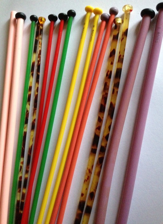 lot of vintage colourful plastic rod knitting needles pairs