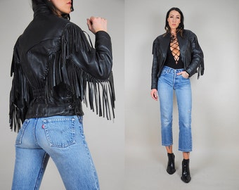 80's fringe black leather Motorcycle jacket