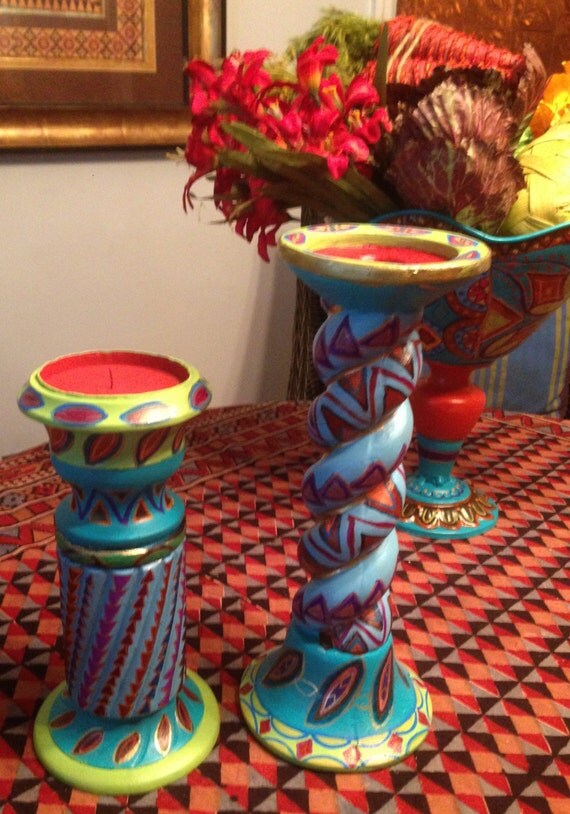 Hand Painted Bohemian Ceramic Decorative Set of Candle Holders