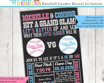 Baseball Gender Reveal Party Invitation - Pink and Blue - Boy or Girl - Sports Printable - Chalkboard - Invite