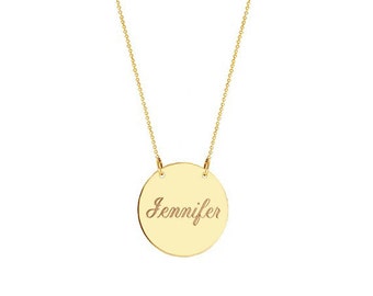 Name Disc necklace - 1" Personalize Gold Engraved necklace gold plated 18k on .925 silver