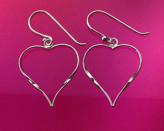 925 Solid Sterling Silver HEART Earrings-Open Heart-Dangle-Polished