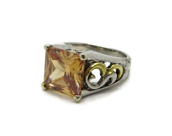 Vintage Citrine Two Tone Sterling Silver Ring, Filigree Band, Engagement Ring, Size 7