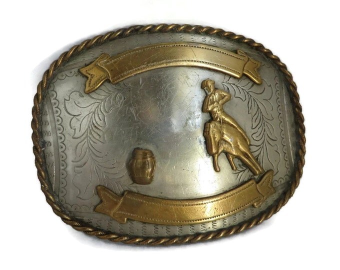 Men's Western Belt Buckle, Vintage Rodeo Belt Buckle, Barrel Racing Trophy Buckle