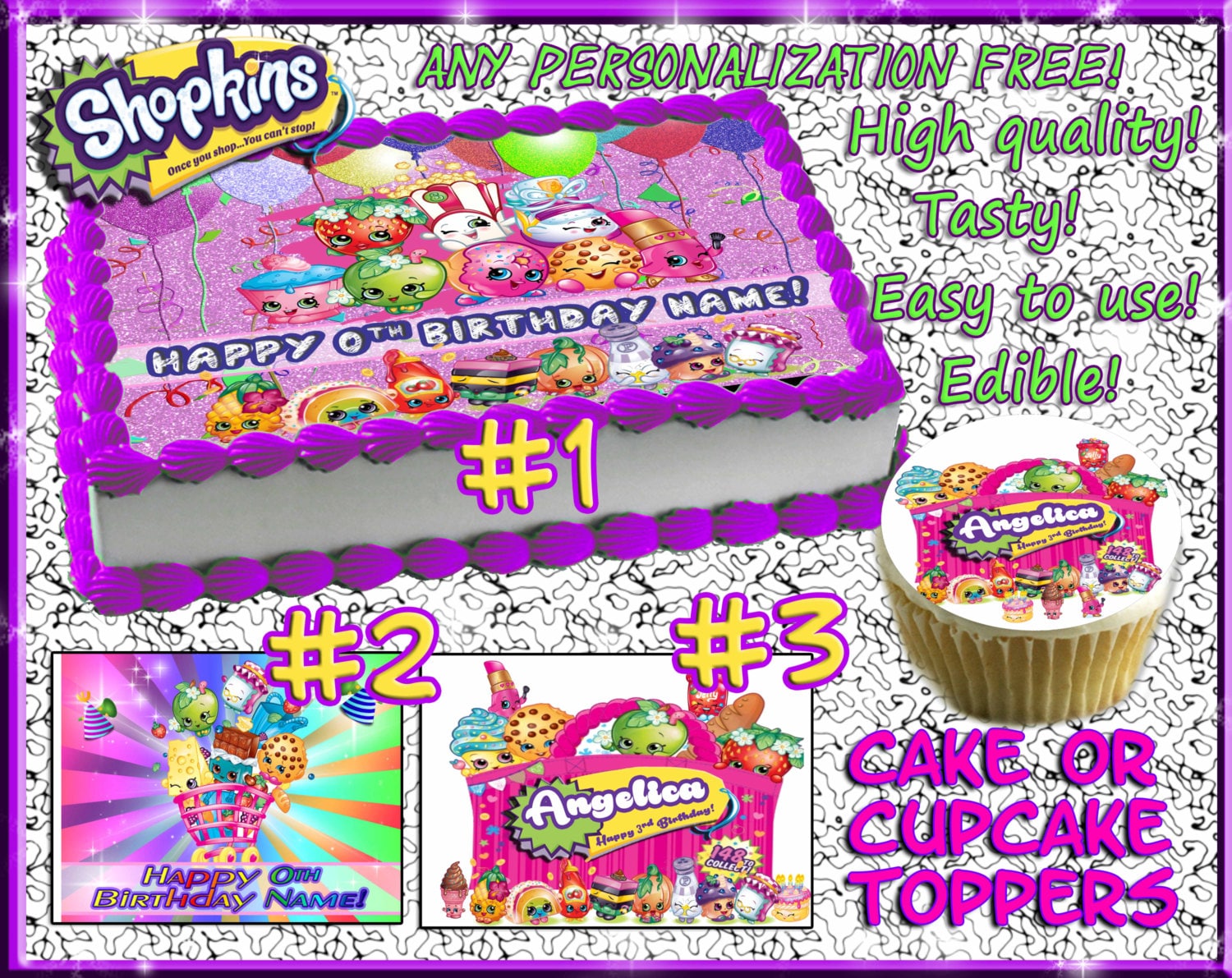 Personalized Shopkins Cake topper or cupcakes by Pictures4Cakes
