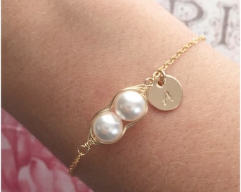 Two Peas in a Pod for Twins - Custom Gold Peas in a Pod Jewelry - 2 Peas in a Pod Bracelet - Personalized Gold Bracelet with Quality Pearls