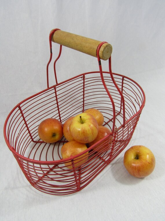 Vintage Wire Basket Red Metal Basket Wood Handle Garden Tote