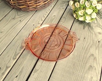 Pink Glass Tray - Vintage Pink Plate with Handles - Serving Glass Plate - Made in France - Scalloped Handle - Pink Glassware