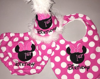 Cake Smash Outfit Girls - Minnie Mouse Birthday Hat, Diaper Cover and Bib - Personalized - Pink Dots - Hot Pink - Solid or Zebra Print