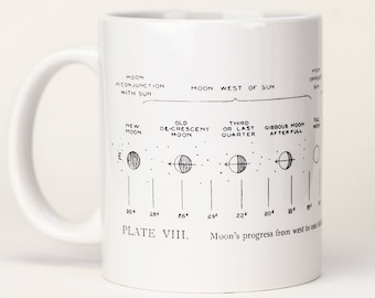 Lunar Phases Moon Mug | Phases of the Moon Ceramic Coffee Mug, Scientific Illustration, Astronomy Gift, Stars, Night Sky, Space Gift