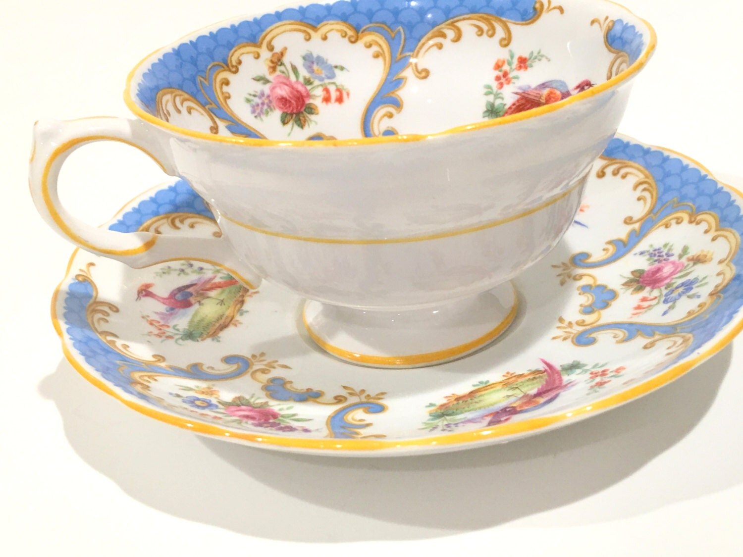 Elegant Grosvenor Tea Cup and Saucer, Rutland Cup, Bird Tea Cups, Blue