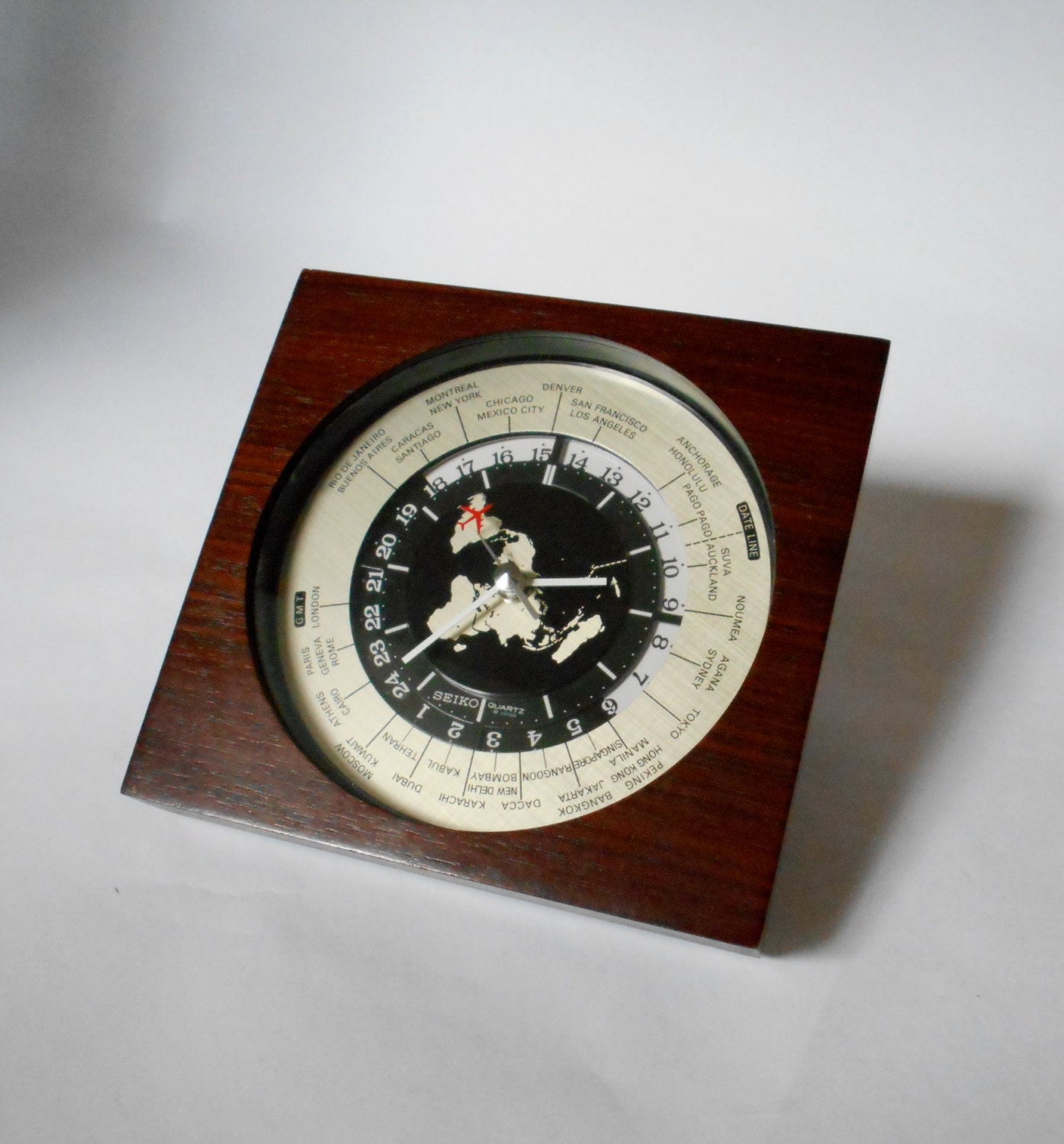 Vintage Seiko Quartz Rosewood World Clock 1979 Wedge Shape