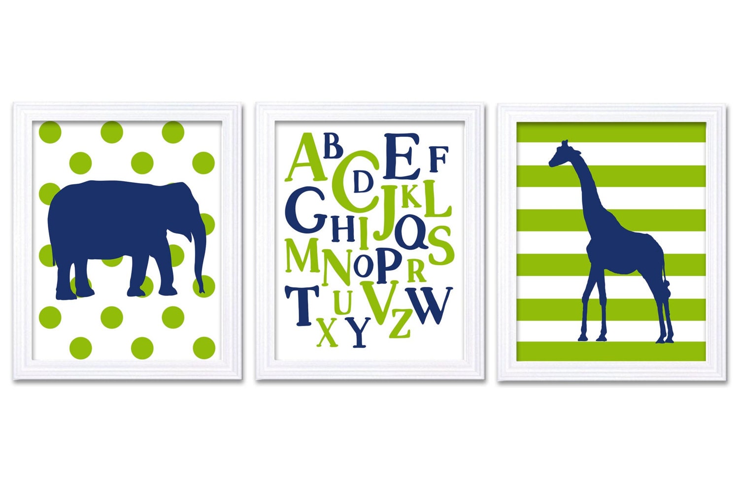 Giraffe Elephant Alphabet LOVE Nursery Art Nursery Print Set of 3 Stripes Polka Dots Navy Blue Lime 