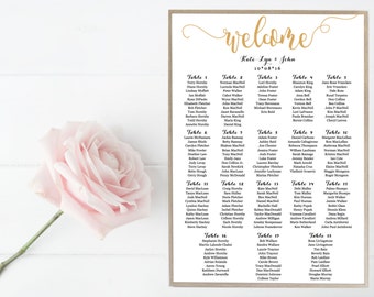 Wedding, Seating Chart, Guest List, Sign, Wedding, Black, White, Gold, Elegant, Simple, Formal, Decor, Custom, Script