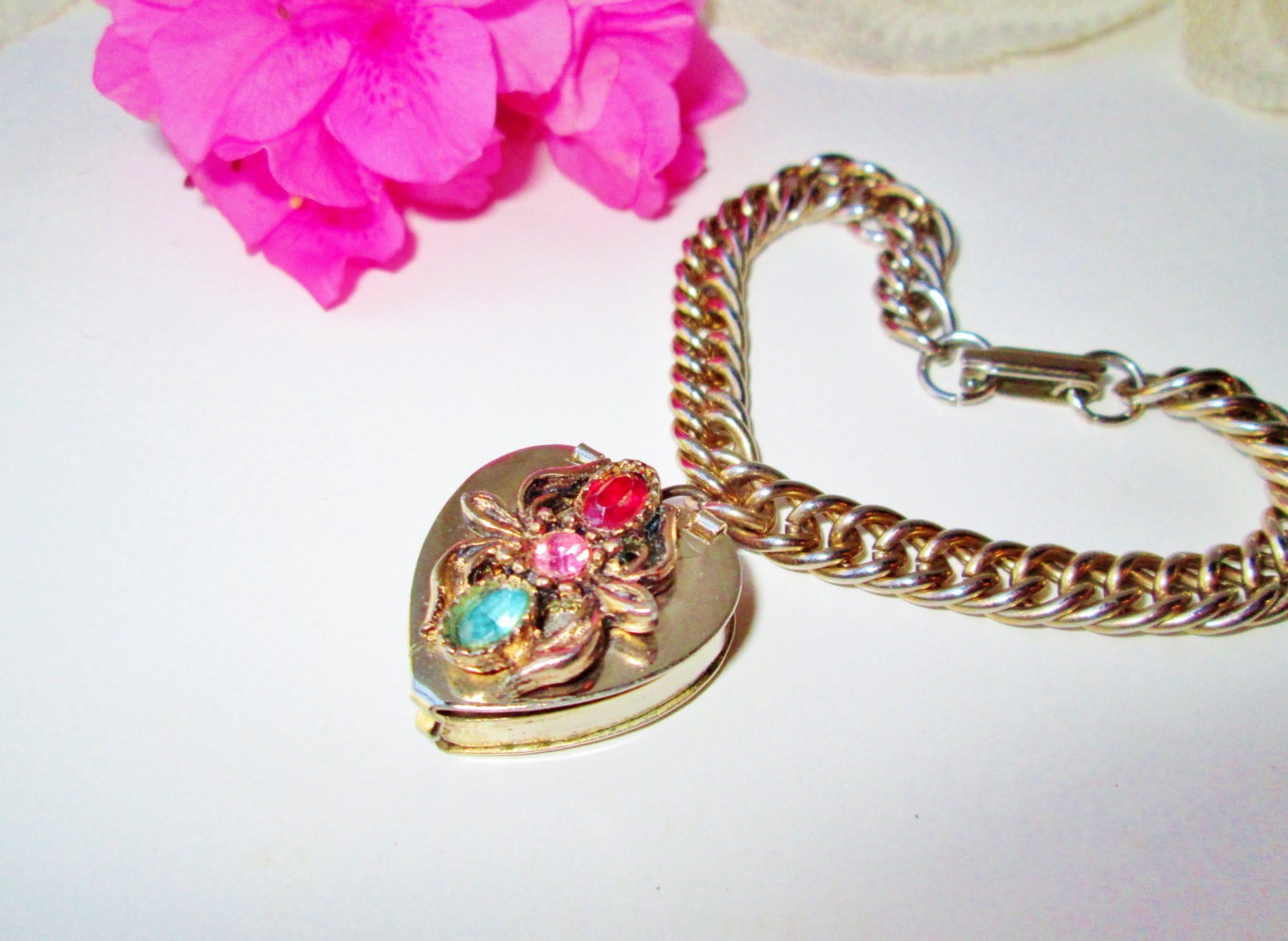 Gold Heart Locket Bracelet Vintage Metal Pill Coin Box Holder