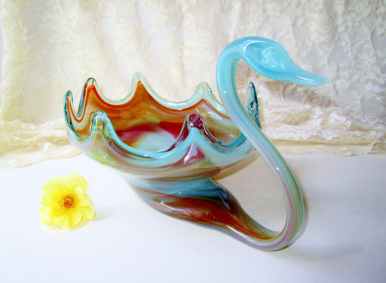 Blown Glass Swan Bowl Vintage Murano Glass Vase Fruit Bowl