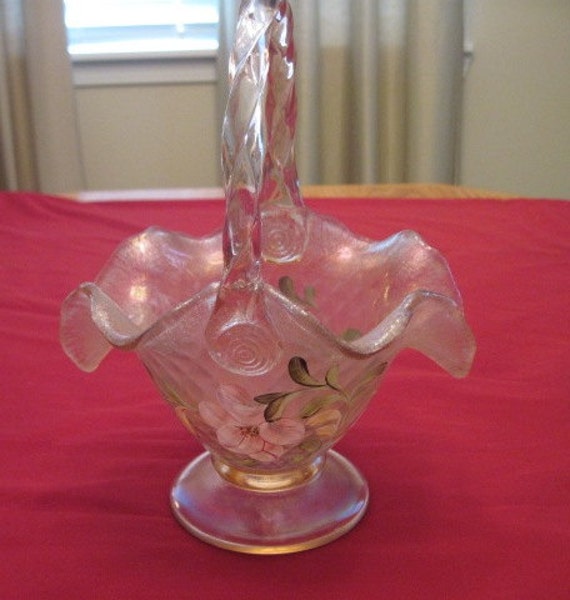 Fenton Art Glass Basket Hand Painted Artist Signed