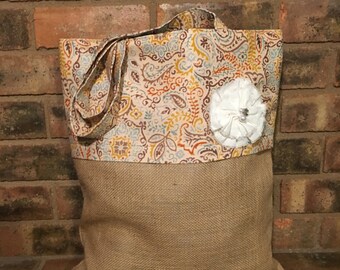 Items similar to Gray and white burlap tote bag on Etsy