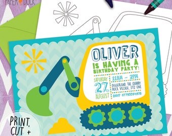 Printable Personalised DIGGER Childrens Birthday Party Invitations Stationary
