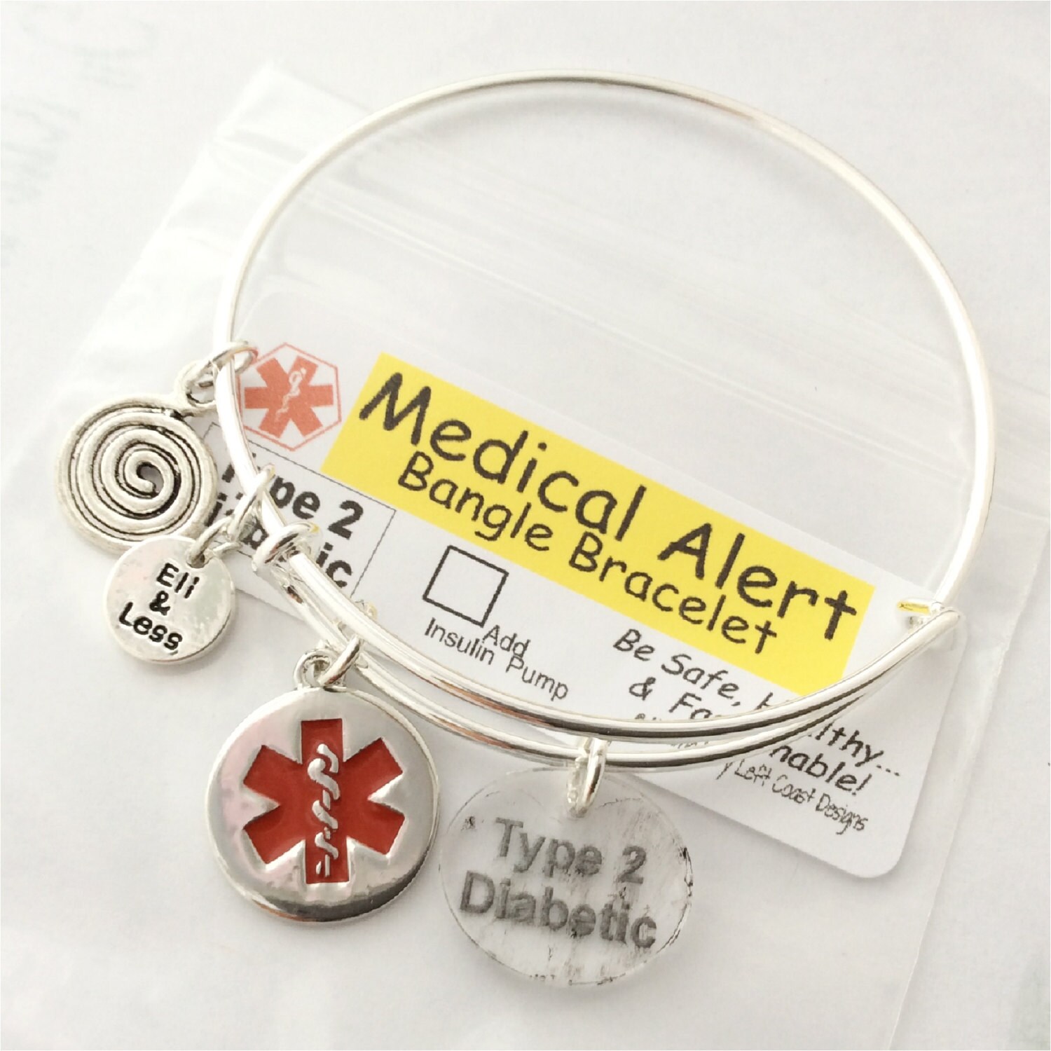 Silver MEDICAL ALERT bangle bracelet Type 2 Diabetic charm