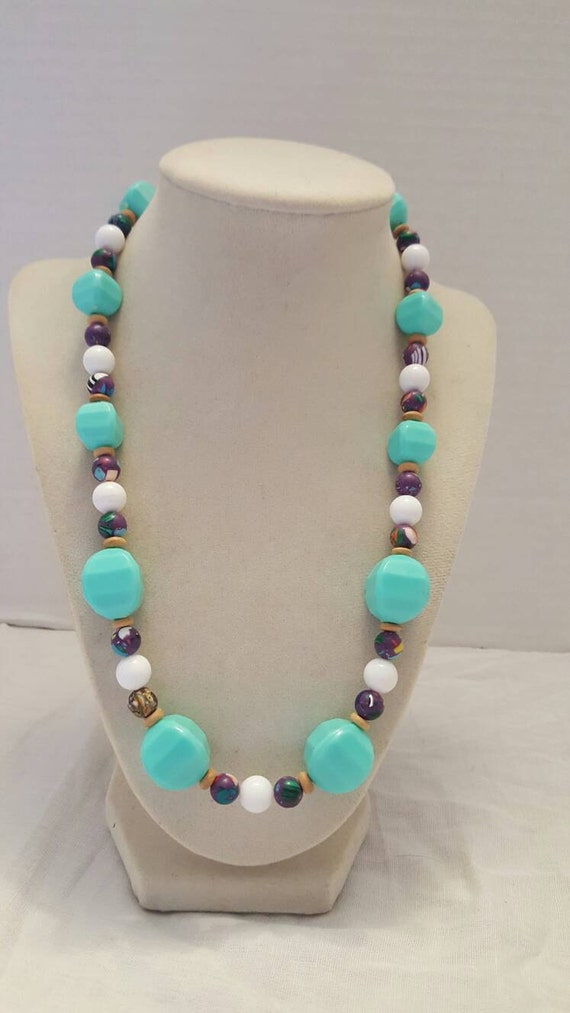 Mint Green Purple and White Necklace Statement Necklace One
