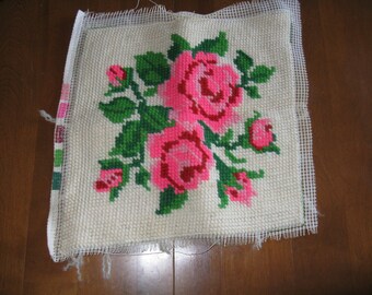 Vintage needlepoint picture panel roses flowers unframed or pillow top