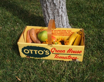 Farmhouse Antiques Produce Basket Large Crate Box Tomatoes Wood Handle Yellow Ottos