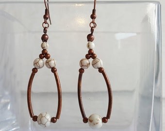Antique Copper Dangle Earrings with White Magnesite Beads