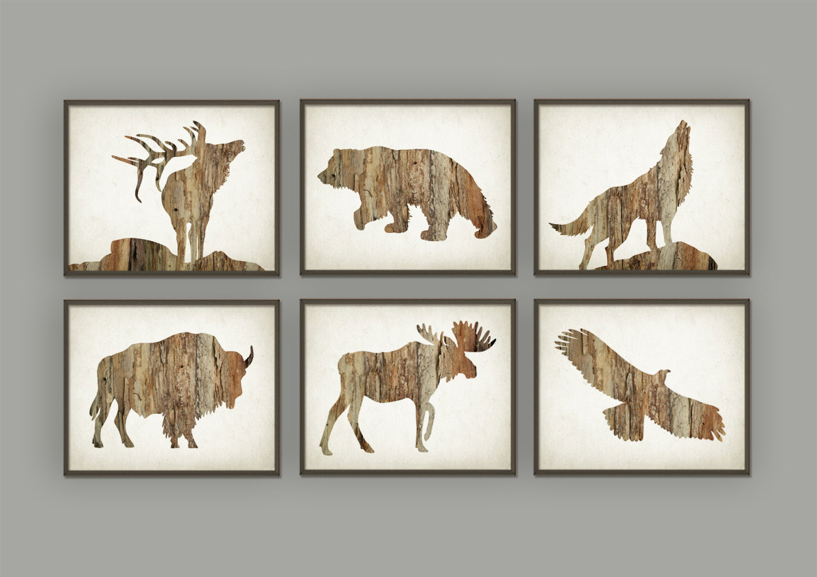  Hunting  Wall Art  Print Set of 6 Deer Buffalo Bear Eagle Wolf