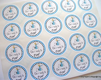 Snoopy, She's Ready To Pop, Stickers, Baby Shower, Boy, Blue, Girl, Pink, Popcorn, Favor Bag, Jar Labels, 20 Stickers, 2 Inch