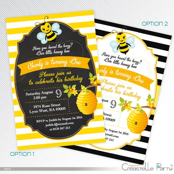 Bumble Bees birthday party printable invitation black and
