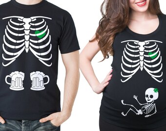 Saint Patrick's Day Pregnancy Couple Skeleton Baby GIRL T-shirts St Patrick Party Couple Costume T-shirts