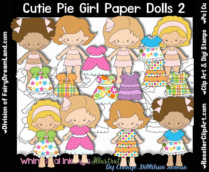 Cutie Pie Girl Paper Dolls 2 Digital Clip Art &amp; Black and