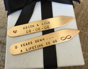 Infinity Stamped Collar Stays, 7th or 8th Anniversary Collar Stays, Eight Year Anniversary, Seven Year Anniversary, Bronze Gift, Copper Gift