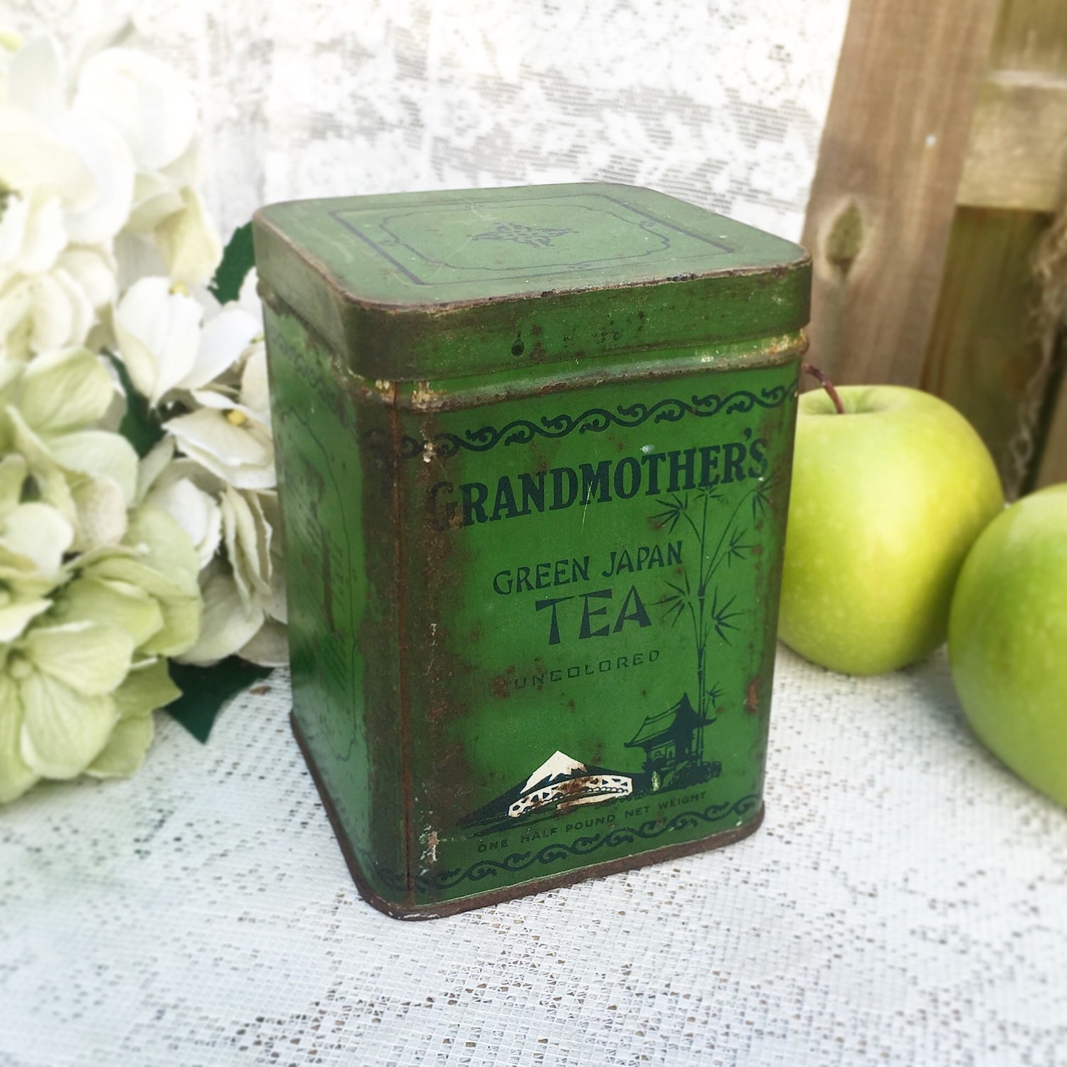 Antique Asian Tea Tin Box, Grandmother’s Green Japan, Decorative