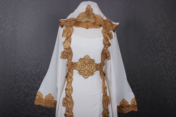 Gold Embroidery White Chiffon Kaftan Maxi Dress Hooded Caftan 6619