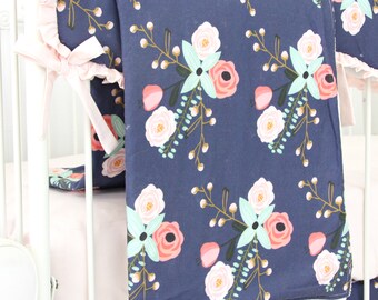 Berkeley's Blush and Navy Floral Baby Blanket | Watercolor, Mint , Pink, Navy & Floral Teething Guard | Sweet Floral Baby Girl Crib Bedding