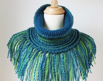 Crochet Scarf, Boho Shawl, Turquoise Cowl, Teal Green Neck Warmer with Fringe, Unique Handmade Bohemian Clothing, Peacock Colours