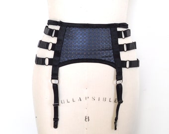 Taryn Navy Geo Strappy Garter Belt, Gothic Lingerie, Cyber Punk Style, Stocking Suspenders, Black Garters, Bondage Inspired Womens Underwear