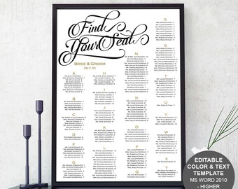 Printable, wedding seating chart, template, alphabetical ,poster, seating plan, Instant download, seating chart, S10