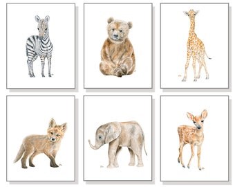 Baby Animal Nursery Art Baby Animal Prints. Baby Animal Art Animal Watercolor Girls Boys Room Elephant Bear Giraffe Deer Zebra Fox Set of 6