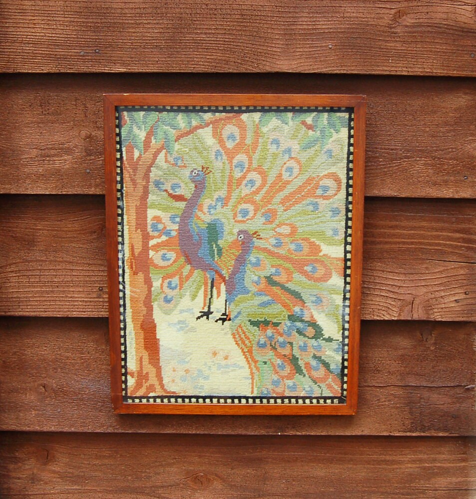 Framed Needlepoint Art Vintage Peacock Sampler Colorful