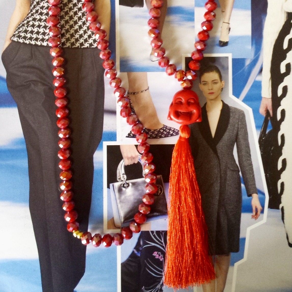 Red Buddha Necklace with Shiny Crystals and Silk by GlowHandmade