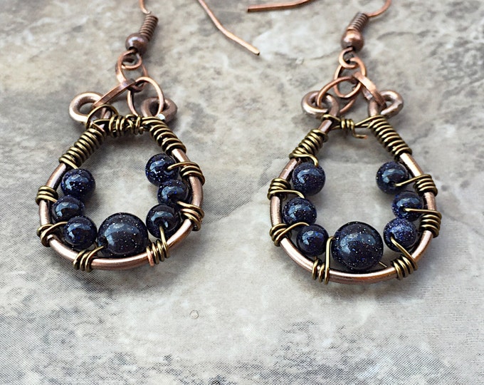 Wire wrapping earrings, boho brass dangle, wire wrapping, wire jewelry, antique brass wire, blue goldstone earrings, goldstone dangle