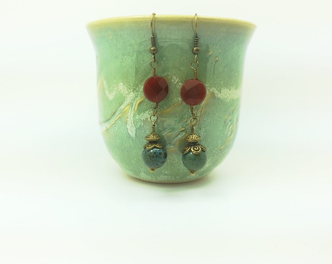 Carnelian Turquoise brass earrings, Brass carnelian earrings, Turquoise brass dangle, long brass earrings