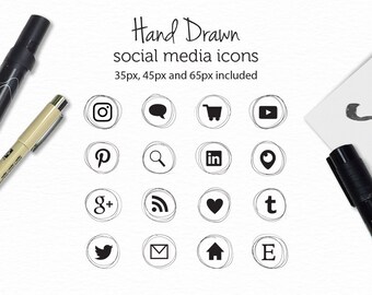 Hand Drawn Social Media Icons - Website and Blog Icons - Blog Buttons