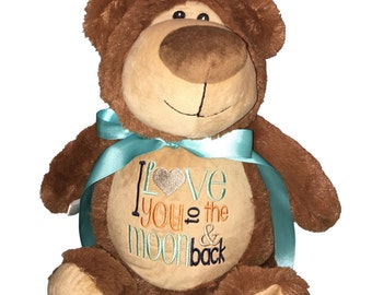 I Love You to the Moon and Back. 8 Animals to choose from. Custom Monogram or Personalization. Brown Teddy Bear Stuffed Animal Cubbie.