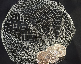 Rose gold comb Crystal Birdcage Veil and Comb ,Crystal Veil and ivory pearls ivory veil with pearls bride headpiece vintage style art deco