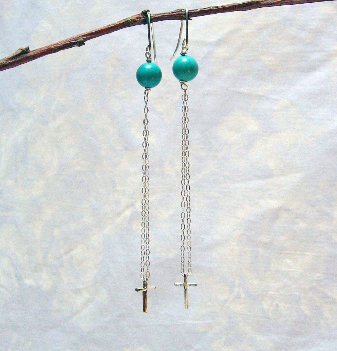 Cross Dangle Earrings Long Double Chain Cross Earrings by NORANA